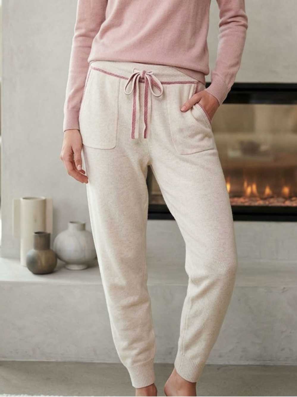 Splendid Cream Knit Joggers with Dusty Rose Trim